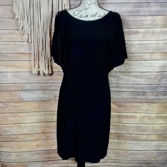 Theory | ‘Andzelika’ Black Ruffled Crepe Split Sleeve V-Back Midi Shift Dress - Picture 2 of 8